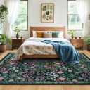 8x10 Area Rug Living Room: Floral Washable Boho Carpet Dark Green