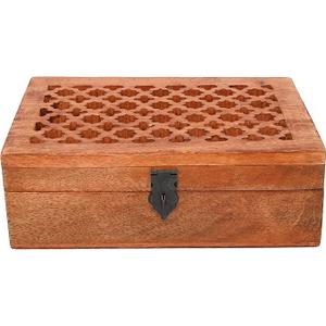Samhita Mango Wood Decorative Wooden Box with Hinged Lid in Jali Carvings Used as Storage Box Christmas Gifts Items (9" x 6" x 3')