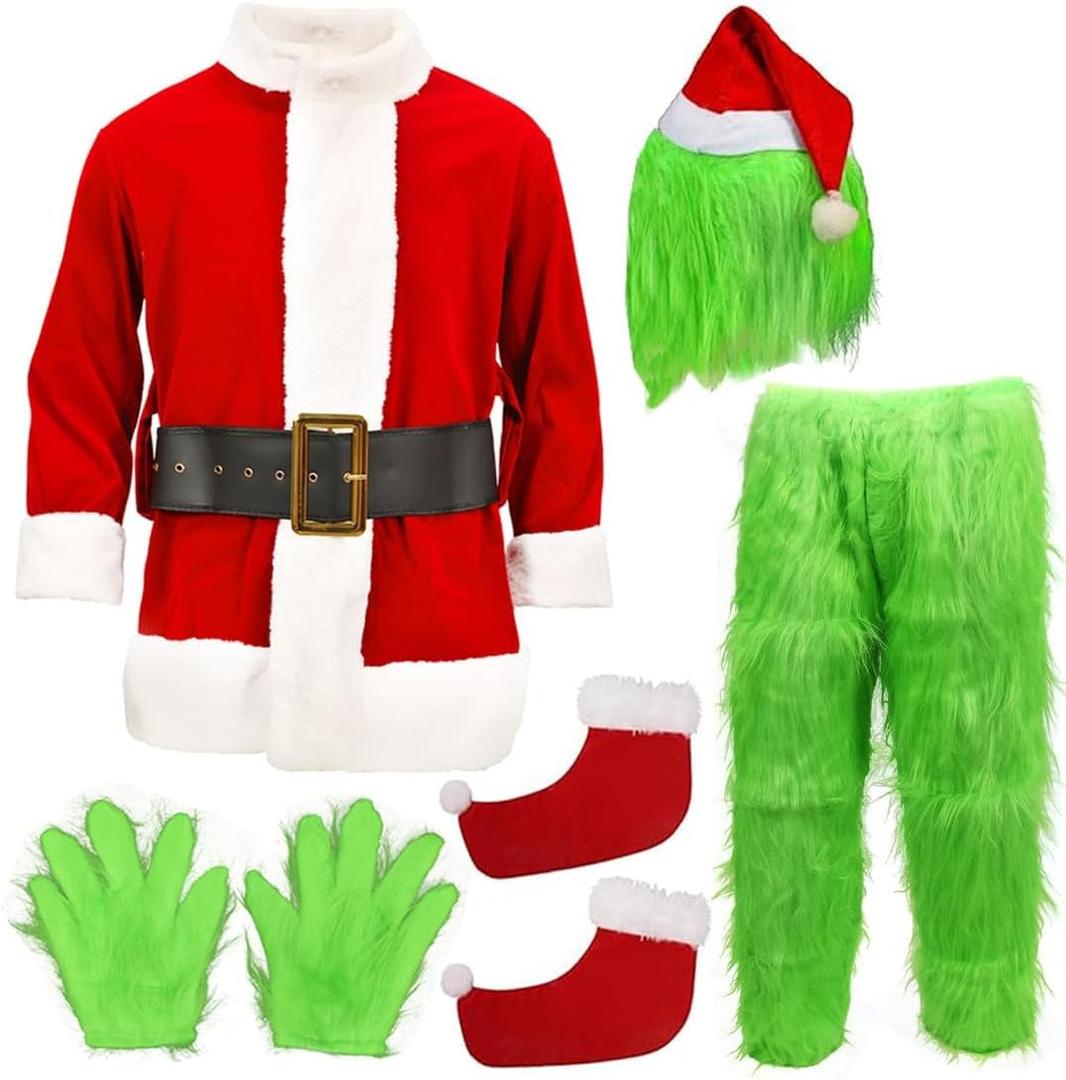 Christmas Green Monster Costume Christmas Santa Claus Costume Santa Coat Cosplay Mask Halloween Costumes for Men (Adult-XXL/XXXL)