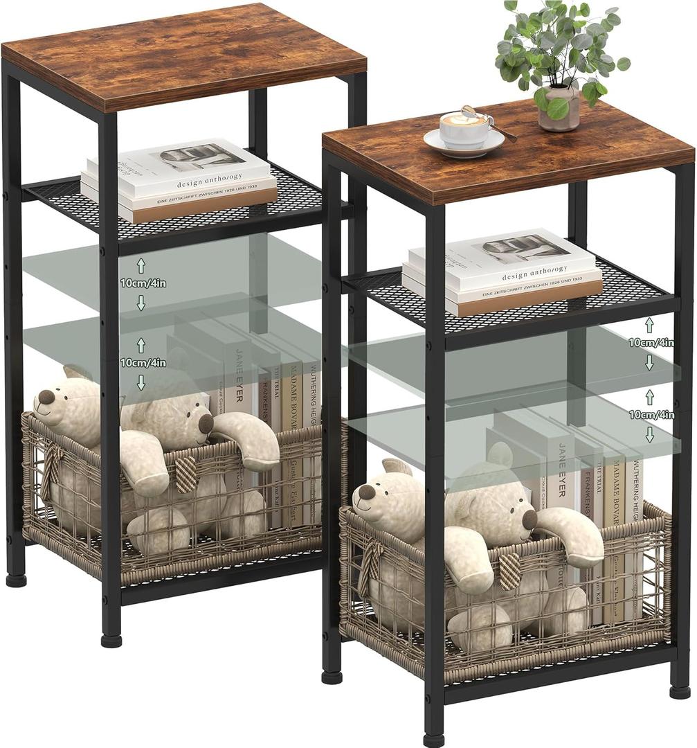 Heybly Small Side Table Set of 2, Tall End Table with Adjustable Shelf, Nightstand, Telephone Table, Accent Table Stand, Entryway Table, Bedroom,Living Room, Office,Kitchen, Rustic Brown HET003SR2