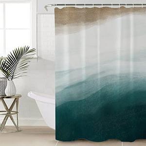 Brown White Teal Ombre Waterproof Shower Curtains Set - Extra Long 72 x 84 Inch, Watercolor Summer Beach Coastal Ocean Polyester Fabric Bathroom Curtain with 12 Hooks, Bathroom Accessories, 1 Panel