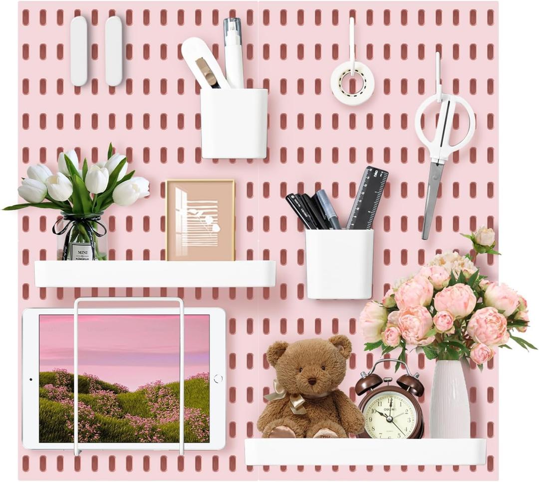 VUSIGN Pegboard Combination Wall Organizer Kit, 4 Pieces Pegboards and 17 Accessories Modular Hanging, Wall Mount Display Peg Board Panel Kits for Bedroom, Home, Office, Bathroom, 22" x 22", Pink