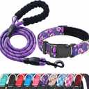 Reflective Dog Collar Padded with Soft Neoprene Breathable Adjustable Nylon Dog Collars for Small Medium Large Dogs (Small (Pack of 1), Purple/Pink Floral Collar+Leash)