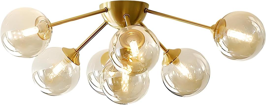 KCO Lighting 7-Lights Mid Century Modern Flush Mount Ceiling Light Overhead Amber Glass Globe Sputnik Chandelier Ceiling Light Fixture Brass Gold Bedroom Living Room Ceiling Lighting