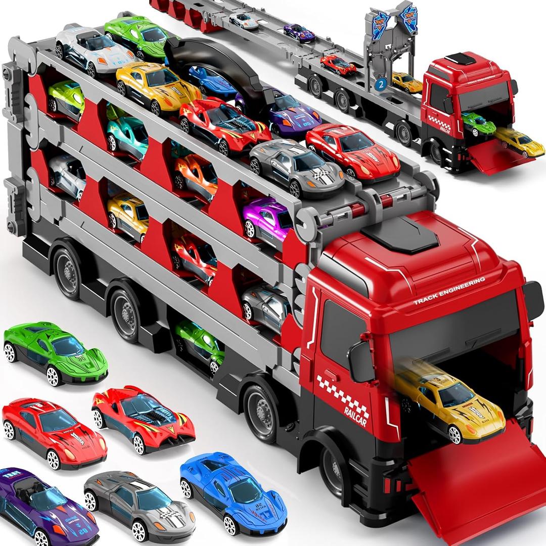 Ci Vetch 78-Inch Cars Trucks Toys for Toddler 1-3 2-4 3-5 4-7 Years Old Boys Kids, Transport Truck with 24Pcs Die-Cast Cars, Gifts for 3 4 5 6 Year Old Boys, Toddler Boy Toys Ages 3-5 4-7