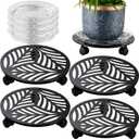 4 Packs Large Metal Plant Caddy with 3 PU Wheels 12" Heavy-Duty Wrought Iron Rolling Plant Stands Indoor Outdoor Wheeled Plant Dolly Planter Mover Rollers Plant Trolley Cart, Plant Saucers Included