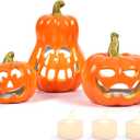 Sunlit Ceramic Pumpkin with 3 Tea Lights, Jack O Lantern Candle Holder Set of 3, Tabletop Indoor Halloween Decorations for Holiday Party Home