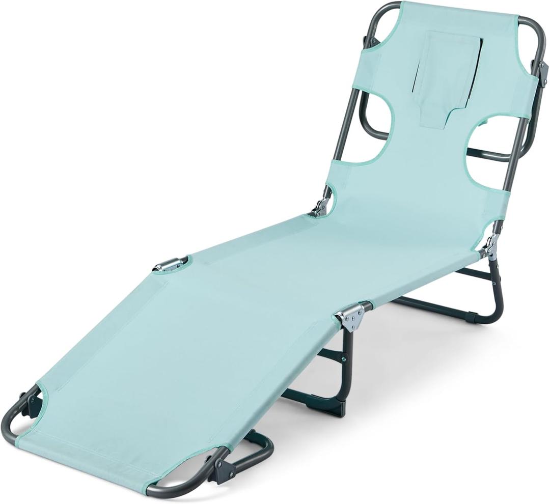 Amazon Basics Outdoor Lounge Chair, Foldable Design with Multi-Angle Backrest, Quick-Drying Polyester Fabric, Portable with Carry Strap, Blue, 1-Pack