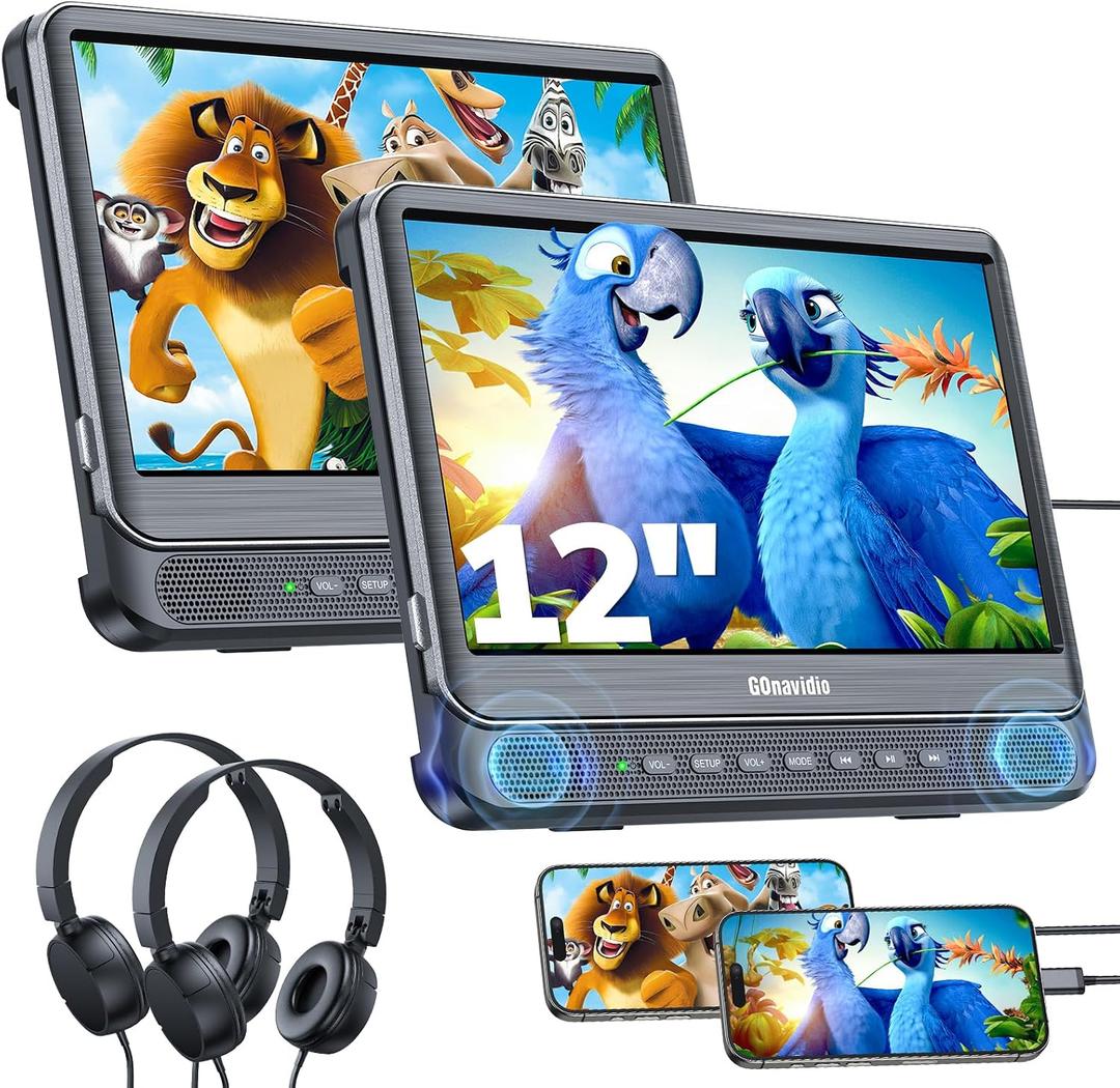 GOnavidio 12" Dual Car DVD Players with HDMI Input, Car TV Screen with Headphones, Mounting Brackets, Support Sync TV/Phone, USB/TF Card, MP4/MKV, Play Same/Different Movies, Dual Speakers, No Battery