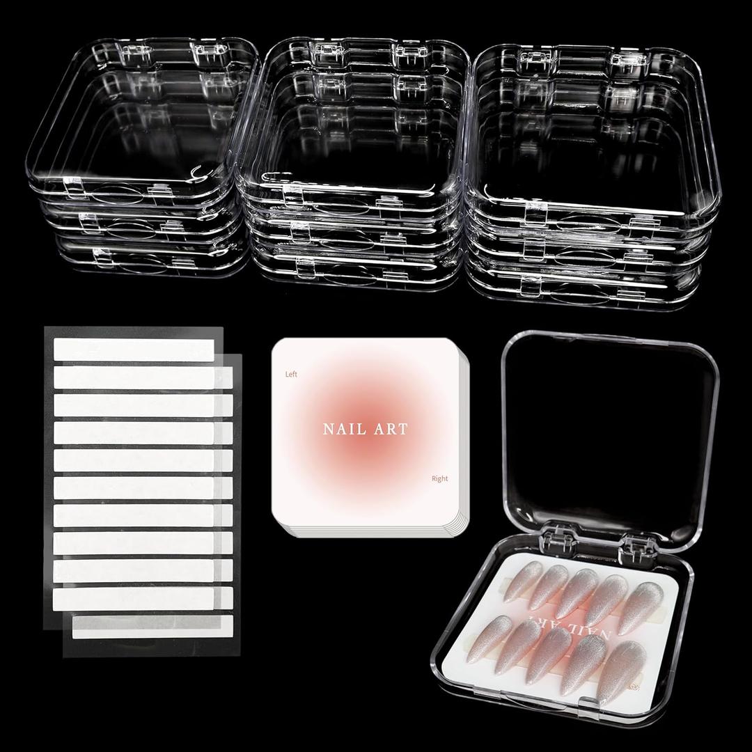 9 Pcs Press On Nail Storage Box, Transparent Acrylic Fake Nail Display Case with 9 Display Cards and 2 Sheets of Double-Sided Adhesive Tape (20 Strips) for Nail Art Home Salon Packaging Use