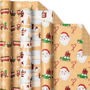 Yarcony Kraft Christmas Wrapping Paper - 17In x 120In Per Roll (3 Rolls) - Recyclable Vintage Santa, Red Truck & Winter Scene Pattern Thick Christmas Gift Wrap Neutral for Winter Holiday Packaging
