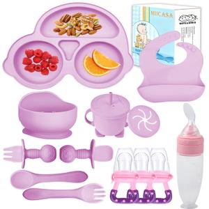 Silicone Baby Feeding Set, Miicasa Baby Led Weaning Supplies Kit With Suction Bowl & Car Plate, Bib, Spoon, Fork, Cup - Food-Grade Silicone, Dishwasher-Safe, No BPAs - For 3+ Months (Purple)