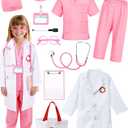 Boutrele 12 PCS Doctor Costume for Kids, Scrubs with Lab Coat/ Nurse Costume Kids Set, Girls Boys Doctor Career Day Costumes(Pink, 10-11 Years)