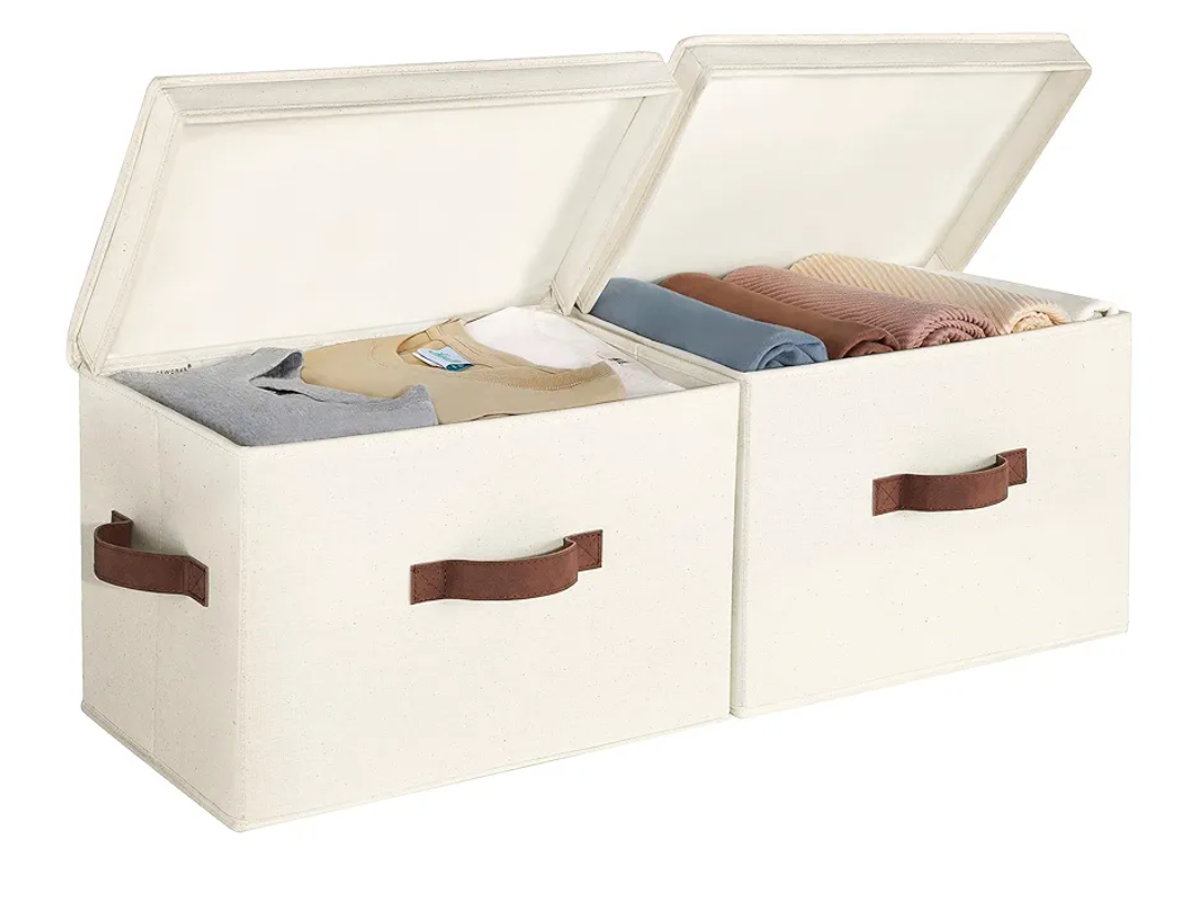 StorageWorks Fabric Storage Bins with Lid, Decorative Storage Boxes for Shelves, Stackable Closet Organizer Basket with Handles, Large, Ivory White, 2-Pack