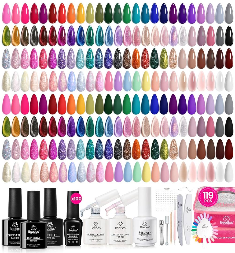 Beetles Gel Nail Polish Set,119 PCS 100 Colors Gel Polish Kit Base Glossy Matte Glitter Top Coat Neon Glitter Pearl Cat Eye White Red Pink Nude Nails Gift for Women Beetles Infinite Styles 100 Colors