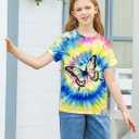 SunFoucs Girls Kids Shirts Size 5-12 Tie Dye Casual Tshirt Short Sleeve Crewneck Tee Top (8-9 Years, Butterfly 04)