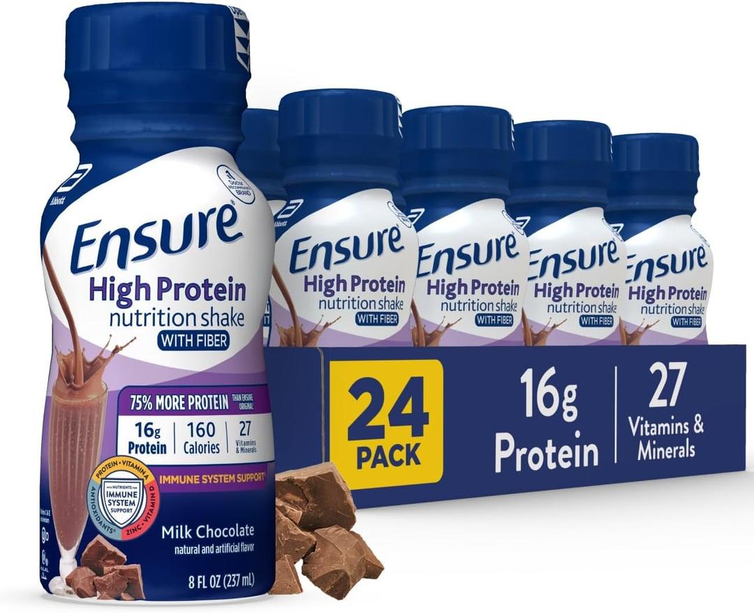 Ensure High Protein Milk Chocolate Nutrition Shake with Fiber, Ready to Drink, 16g Protein and 27 Vitamins and Minerals, 8 fl oz, 24 Pack,  BB Date 11/01/2026