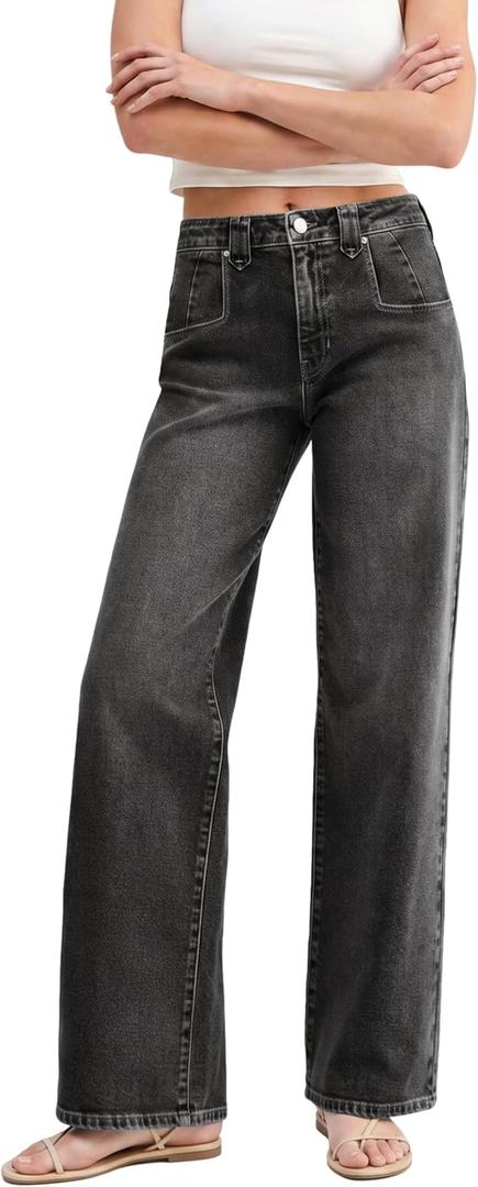 EMMIOL Womens Jeans Straight Leg,Mid-High Rise Baggy Denim Pants,Boyfriend Wide Leg,Loose Fit with Pocket,Runs Small; Size Up (Black, M)