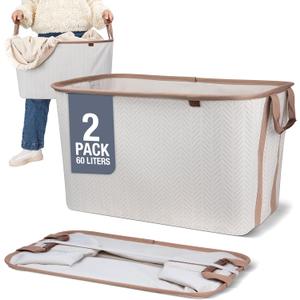 CleverMade Collapsible Laundry Basket LUXE 2 Pack – 60 L (16 Gal) Foldable Cotton Blend Clothes Hamper with Vegan Leather Accents, Reinforced Handles, Space Saving Laundry Bin Holds 55 lbs - Cream