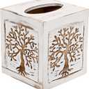 SwallowLiving Wooden Tissue Box Cover Square - Weighted Farmhouse Facial Tissue Holder with Sliding Bottom - Distressed White Tree of Life Dispenser for Bathroom Vanity, Bedroom & Living Room Decor
