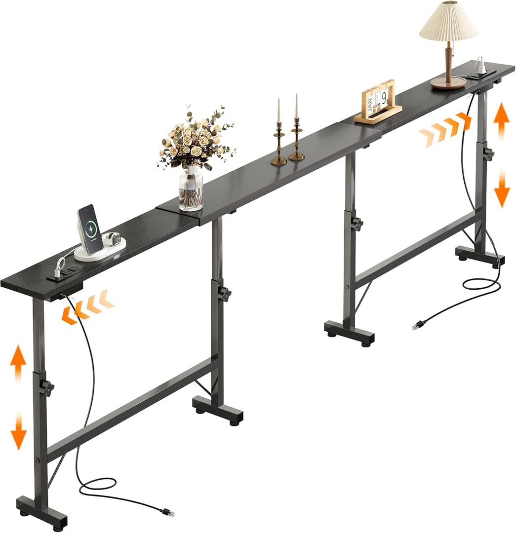 78"-106" Adjustable Length Behind Couch Sofa Table with 2 Power Outlets, 78"-106"W x 5.9"D