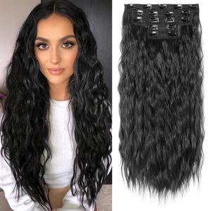 Clip in Hair Extensions, REECHO 5PCS Brown Hair Extensions 24" Thick Long Loose Waves hair extensions HE002 Invisible Lace Weft Natural Soft Hairpieces for Women – Jet Black