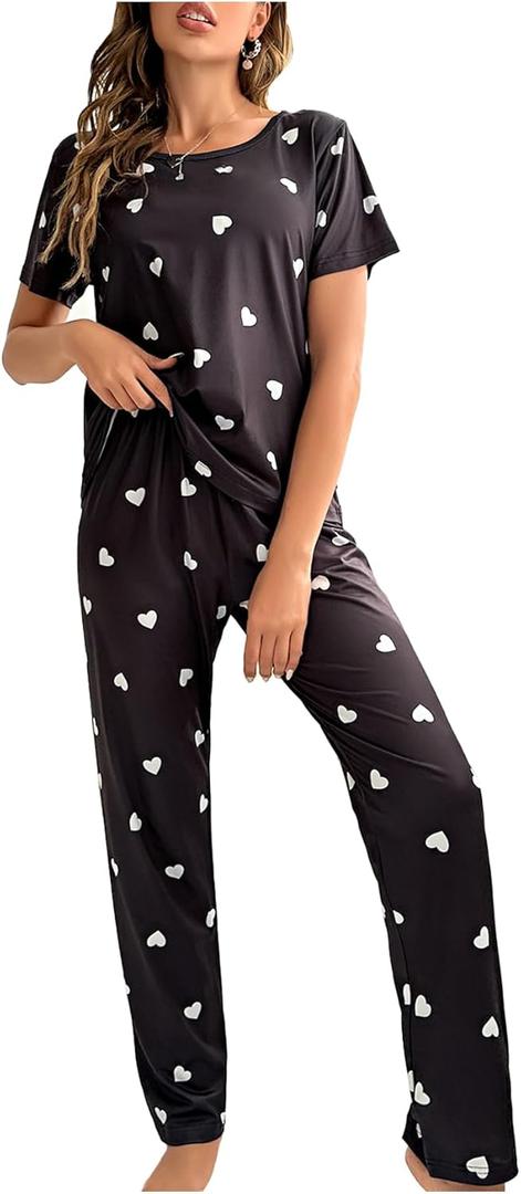 Women's 2 Piece Pajama Set Heart Print Short Sleeve Round Neck Tee Top and Pants Pj Set Cute Sleepwear Black Medium-CEHGJ20240829