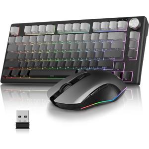 RedThunder K75 Wireless Keyboard and Mouse Combo,75% Side-Engraved Membrane Keyboard,Optical Gaming Mouse with 4800DPI,3 Modes(BT/2.4G/Wired),Dual System,RGB Backlit,Rechargeable Battery,Gradient Gray
