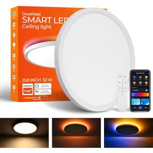 Smart LED Ceiling Light Flush Mount,16 Inch RGB, Dimmable 2700K-6500K, Night Light 2000K, Memory Function, Compatible with Alexa, Google, Tuya (15.8Inch-1Pack)