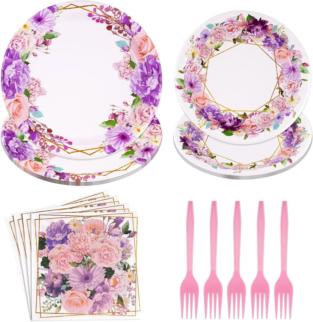 Grencian 96Pcs Spring Floral Party Supplies Pink Purple Flowers Paper Plates and Napkins Disposable Spring Floral Tableware Set for Tea Party Wedding Bridal Shower Baby Shower, Serves 24