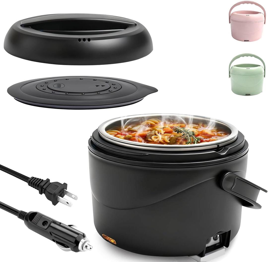 Aotto Electric Lunch Box, 40 oz Portable Food Warmer Heater, Lunch Warmer Portable for Work/Office/Car/Travel 12V/24V/110V 3-in-1, Warming Soup & Meal, Spill-Free, Men & Women's Gifts, Black