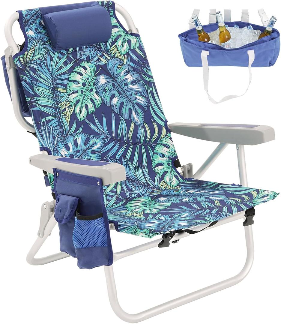 SUNNYFEEL Low Beach Chair, 5-Position Lay Flat Reclining, Backpack Portable Folding Chair with Cooler Bag & Cup Holder, Heavy Duty 350 LBS, Compact for Beach, Camping, Travel