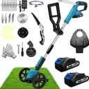 Electric Weed Wacker Cordless Eater Lightweight Edger Battery Powered Grass Trimmer/Lawn Edger/Mower/Brush Cutter, with 5 Types Blades and 2 Types Wheels for Yard and Garden Weeder Tool-Blue