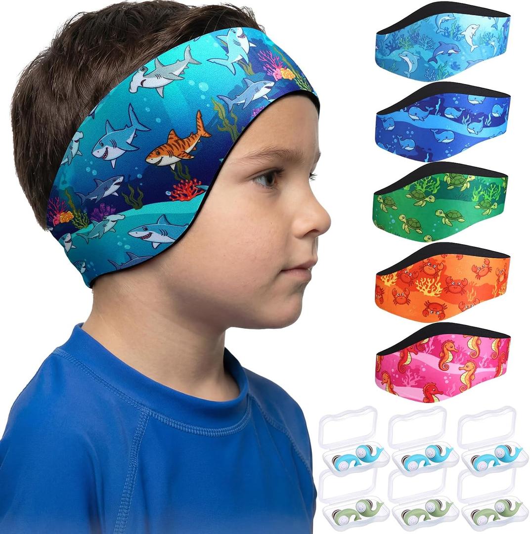 Duraaamo 6 Sets Swimming Headband Ear Plugs for Kids Include 6 Adjustable Swimming Ear Band and 6 Pairs Childrens Ears Plugs for Swim Keep Water Out Sea Pattern Accessories Swim Lesson Essentials