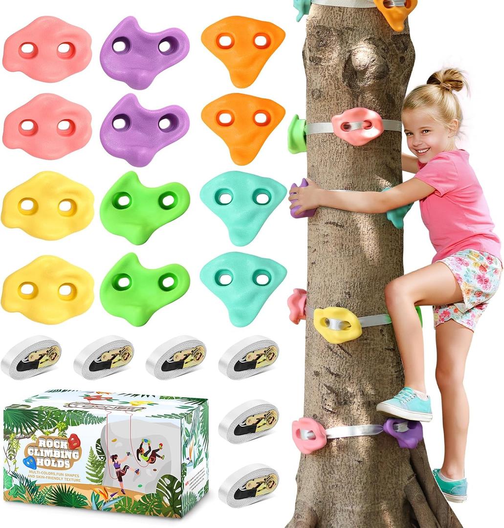 TOPNEW 12 Ninja Tree Climbing Holds for Kids Climber, Tree Climbing Kit with 6 Ratchet Straps for Outdoor Ninja Warrior Obstacle Course Training, Pastel Color