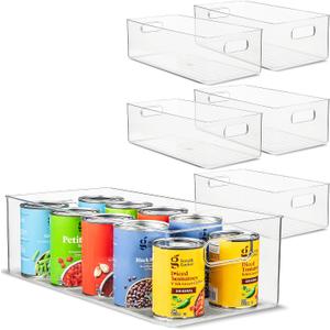 Plastic Food Storage 6 Pack Clear Container Bin with Handles for Organizing Kitchen, Pantry, Refrigerator, Freezer, Pantry, Cabinet, Closet, Bathroom. 16”x8”x5”