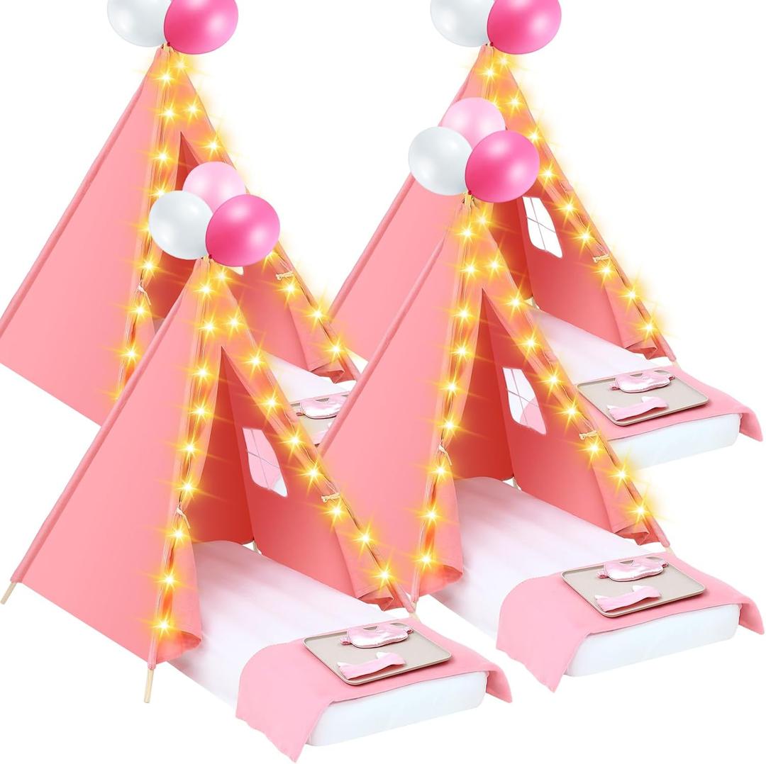 Windyun 4 Pack Kids Teepee Tent for Slumber Party with Mattress and Lights, Sleepover Tents for Girls Boys Indoor Outdoor Cotton Teepee with Airbed Tray Blanket Birthday Party Supplies(Pink)