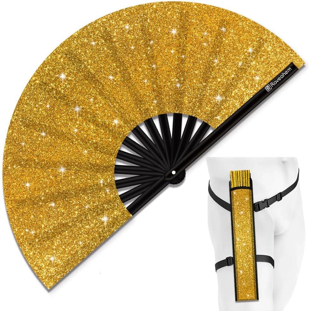 Glitter Large Rave Folding Clack Hand Fan with Holster for Men Women Handheld Fan for EDM,Festival,Club,Party,Dance (Golden, 11")
