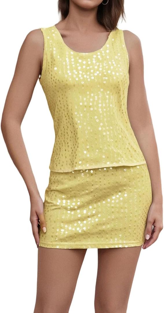 Woman Sparkly Sequin Two Piece Skirt Outfits Summer Sleeveless Cami Crop Top Sexy Bodycon Mini Skirt Sets (Yellow, L)