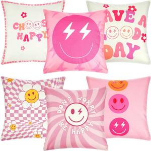 Peryiter 6 Pcs Decorative Preppy Throw Pillows Cushion Covers Cute Aesthetic Pillow Covers Smile Face Room Decor Preppy Stuff Throw Case for Bedroom Home, 18 x 18 Inch