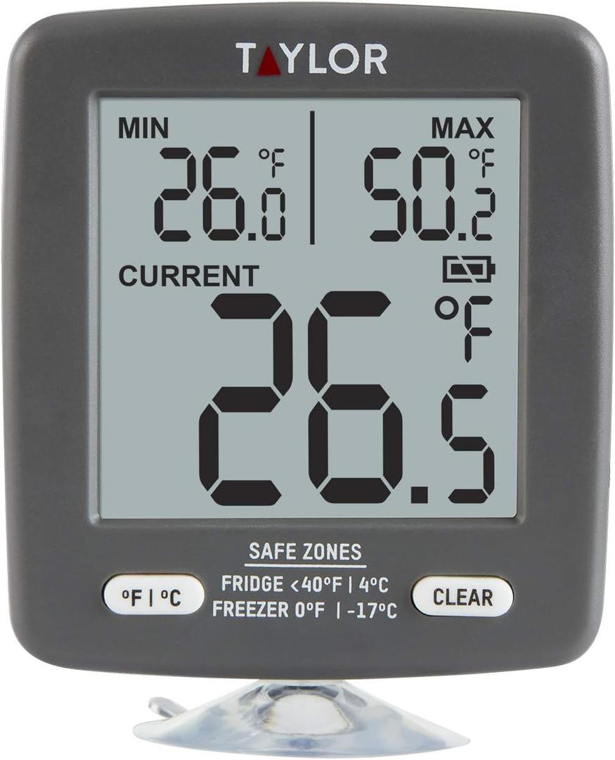 Taylor LCD Display Digital Kitchen Refrigerator/Freezer Kitchen Thermometer Min/Max on Display, 2 inch display, Gray, 1 Count (Pack of 1) (Grey)