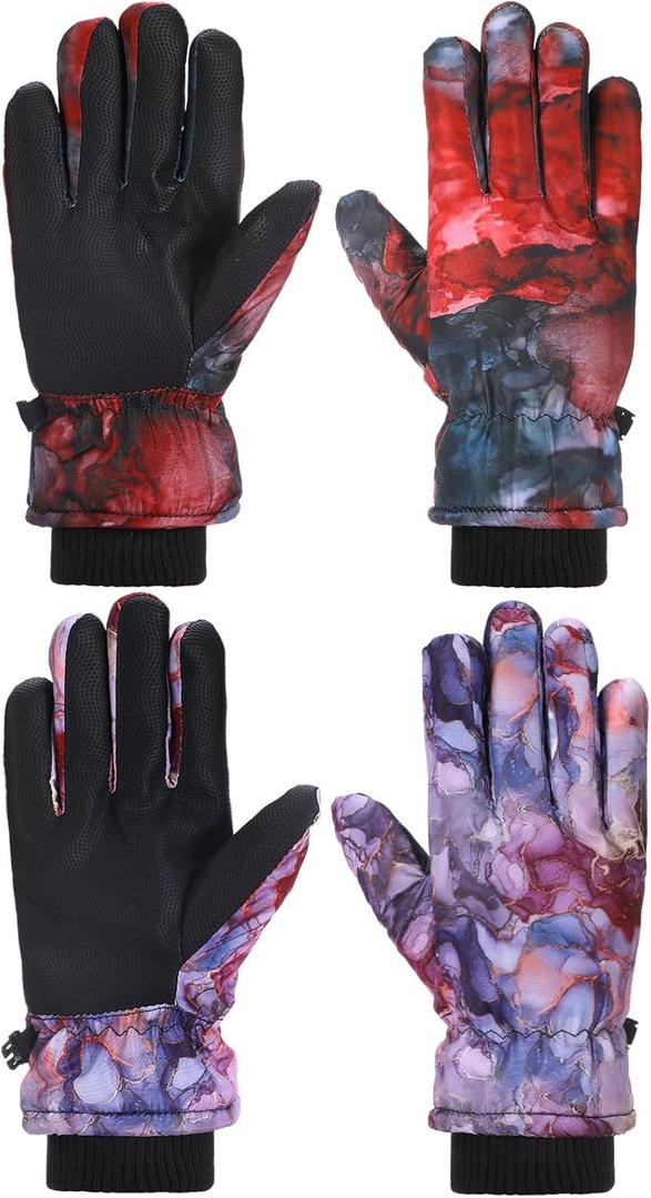 Honoson 2 Pairs Kids Snow Gloves Winter Waterproof Kids Ski Gloves Youth for Girls Boys Outdoor Toddler Snowboard Warm Clothe (6-13 Years, Classic Pattern)