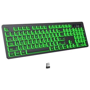KOPJIPPOM Large Print Backlit Wireless Keyboard, 2.4G Silent Wireless Light Up Keyboard, Full Size Computer Keyboards with 7 Colored Backlits, Rechargeable Keyboards for Windows, PC, Laptop