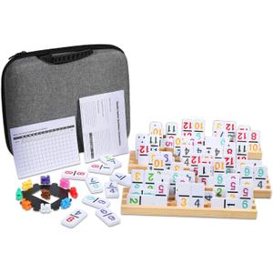 Mexican Train Numbers Dominoes with 4 Wood Trays, Color Double 12 Numerical Domine Set for Adults and Family, Classic 91 Tiles Board Grame with Waterproof Case