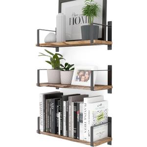 Wallniture Toledo Floating Shelves for Living Room Decor, Floating Bookshelf Set of 3, Burned Finish Rustic Wood Wall Shelves