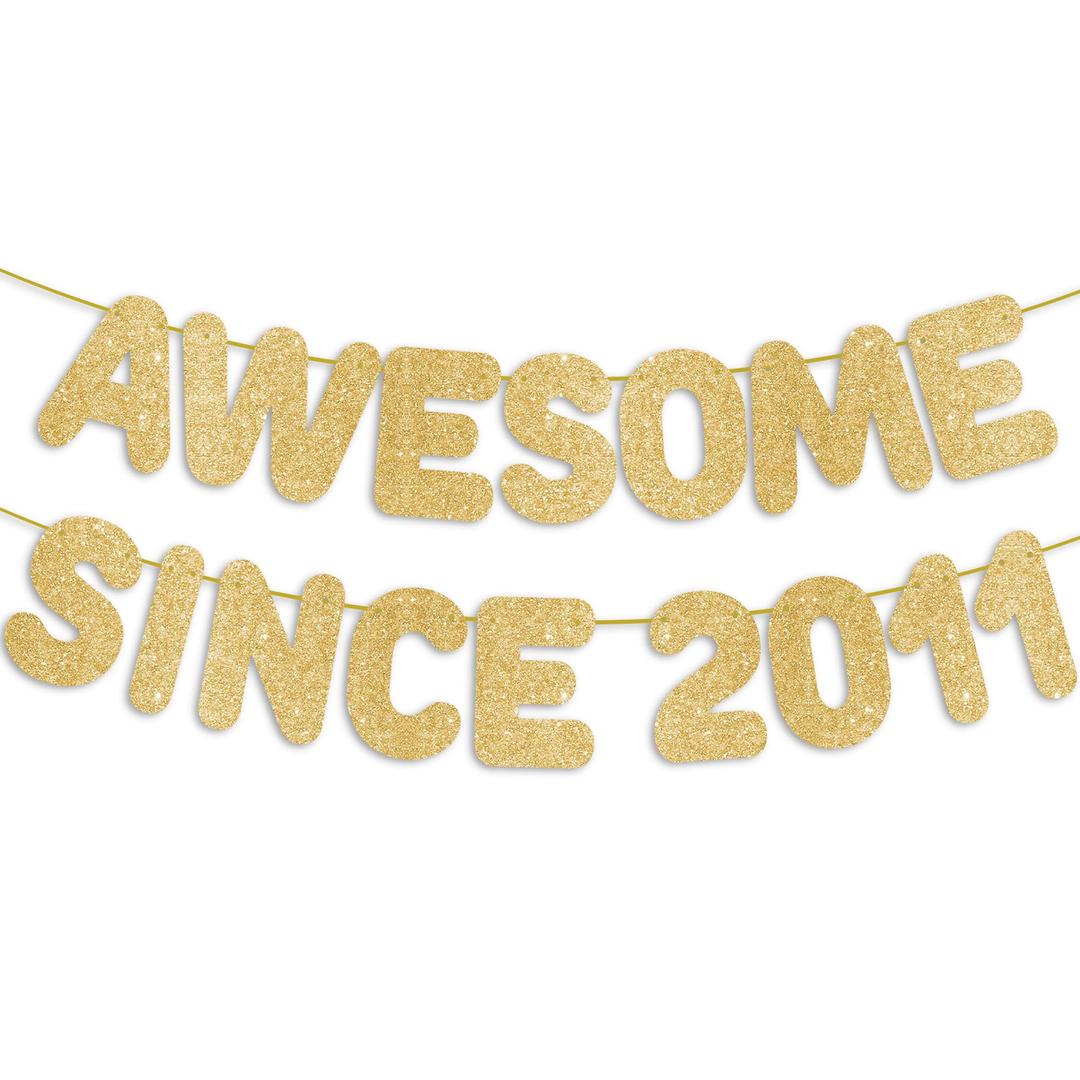 2 x Pre-Strung Awesome Since 2011 Gold Glitter Banner, Happy 15th Birthday Decorations for Girl, 15 Year Old Anniversary Party Decor for Boy