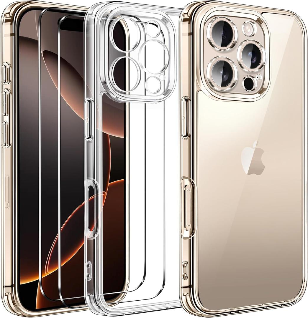 ivoler 3-in-1 Clear Case Designed for iPhone 16 Pro Max 6.9'' 2024 with 2 Pack Tempered Glass Screen Protector Full Camera Protection, Military Shockproof Protective Hard Back Slim Phone Cover- Clear