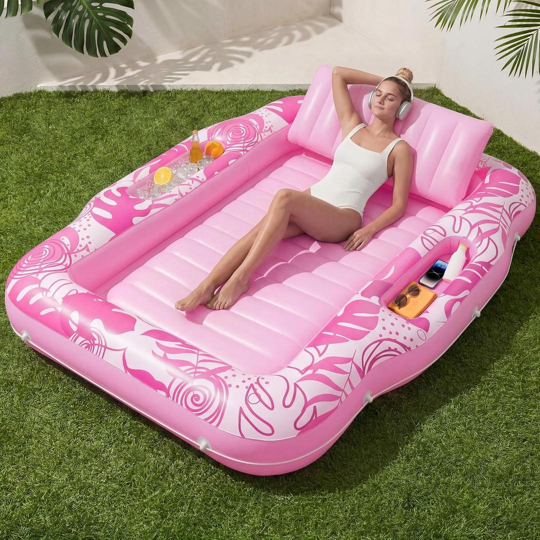 SLOOSH Inflatable Tanning Pool Lounger Float, 70" x 53" Pool Floats Adult with Cooler, 6 in 1 Suntan Tub Raft Floatie,Sunbathing Bed Lounge for Water Blow Up Ball Pit Party Gifts, Large