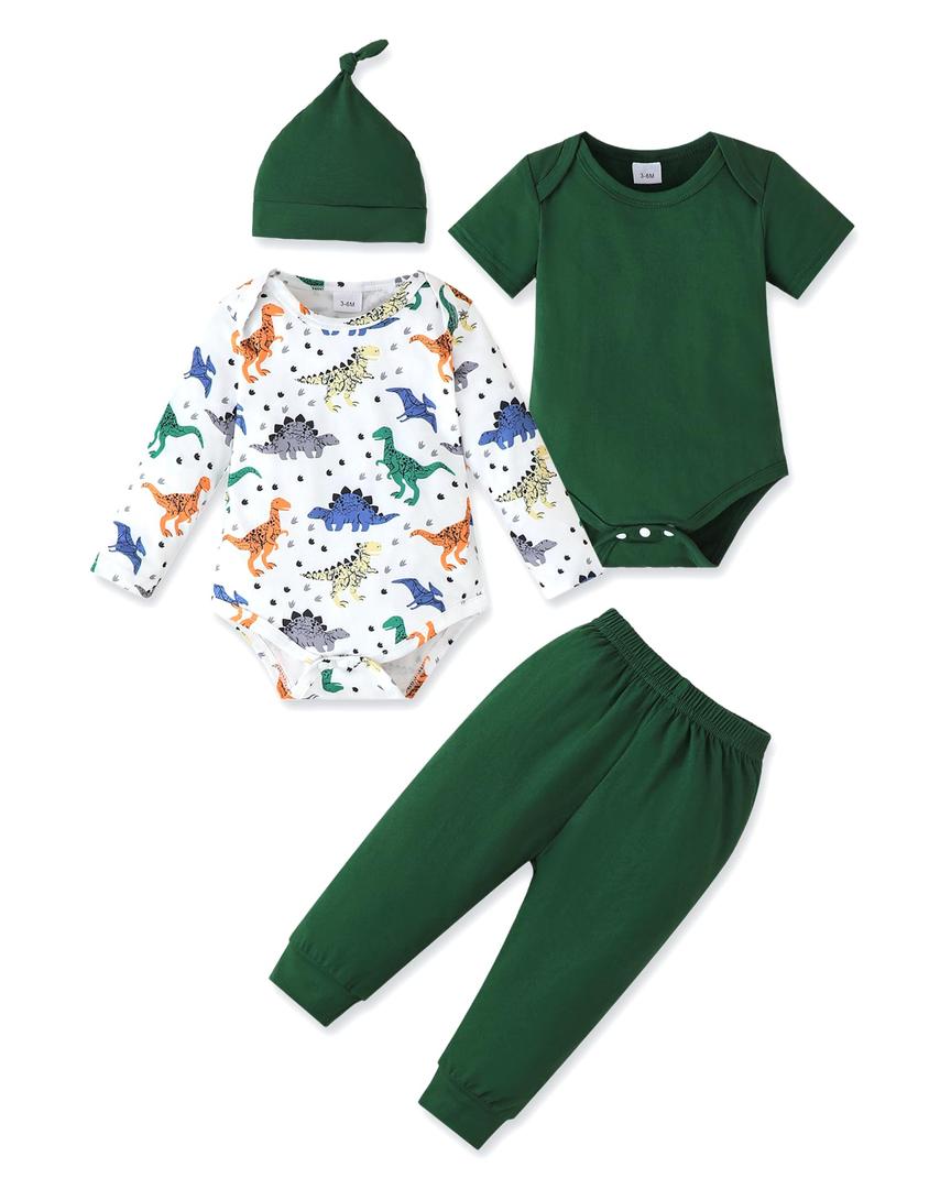 NZRVAWS Newborn Baby Clothes Baby Boy Clothing Set Green Jumpsuit Romper 4 Pieces Bodysuit Fall Summer Spring Coming Home Outfits
