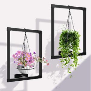 2 Pack Picture Frame Wall Plant Holder Wall Planters for Indoor Plants Metal Window Hanging Shelves Black Pot Holder Ring for Living Room Bedroom Bathroom Home Decor